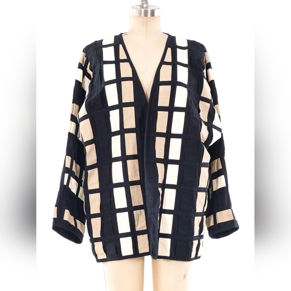 Yak Magik Colorblock Ribbon Weave Open Jacket Black Tan White Large Artsy Unique - Picture 7 of 7